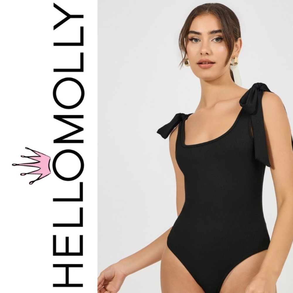 HELLO MOLLY Tie Up Strap Rib Knit Wide Neck Bodysuit
